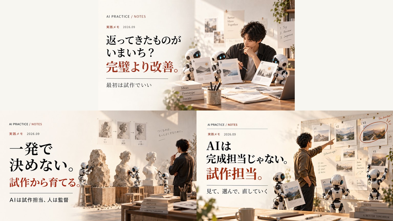 前回の投稿のサムネイルで、最初に返ってきた3案。上は机で試作案を並べる人物、左下は石像を彫るロボット、右下はボードの試作案を指さす人物とロボットのイラスト