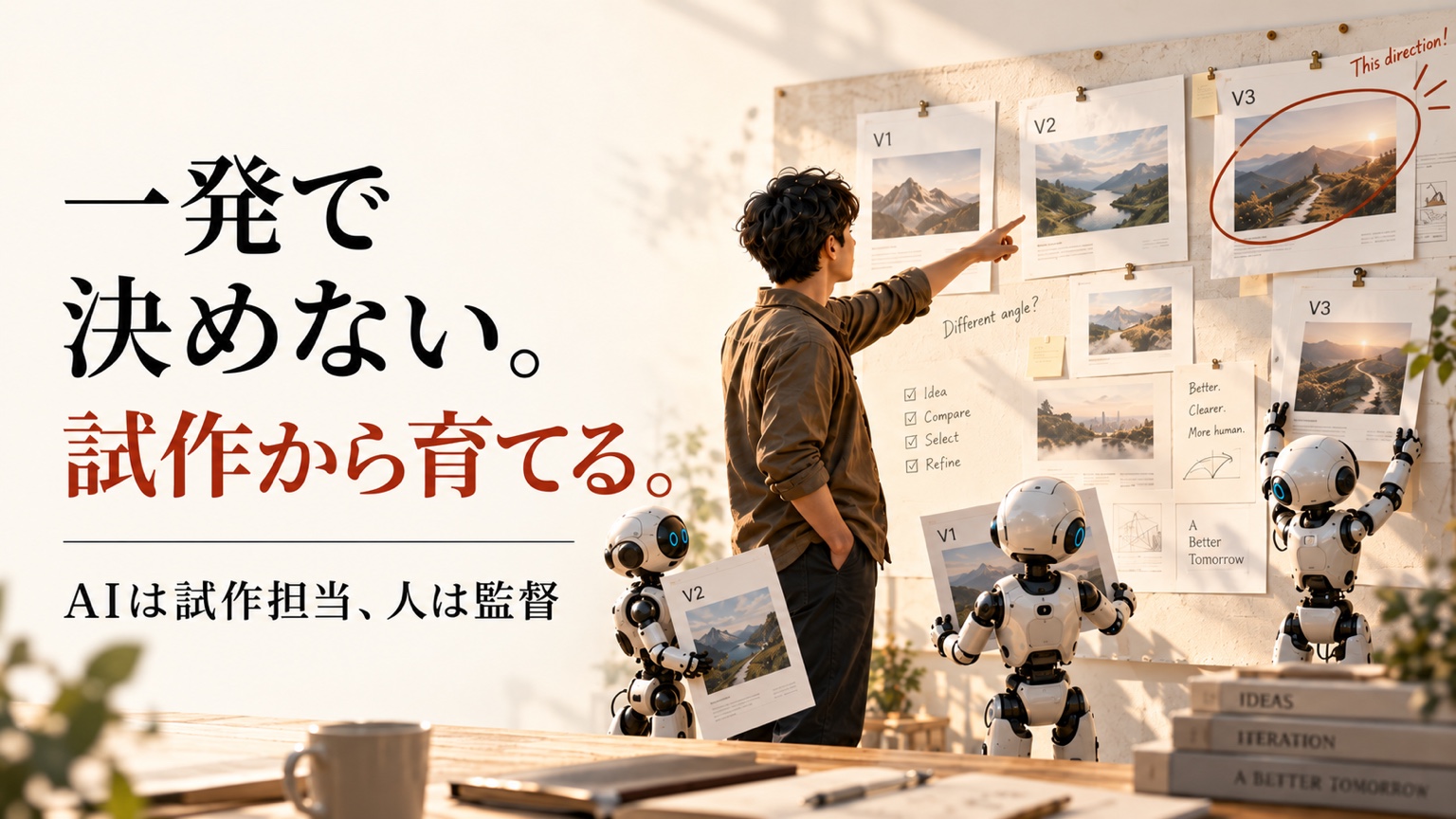 一発で決めない。試作から育てる。AIは試作担当、人は監督というテーマを表した、前回の投稿のサムネイル