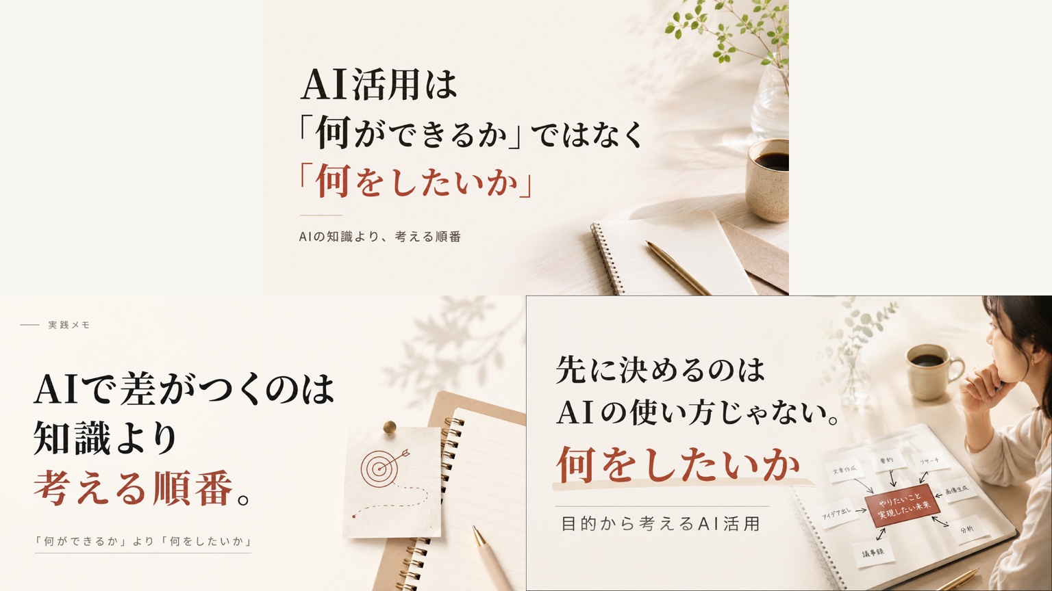 前々回の投稿のサムネイルで、最初に返ってきた3案。記事のタイトルを大きく載せ、机やノートの写真や人物のイラストを添えている