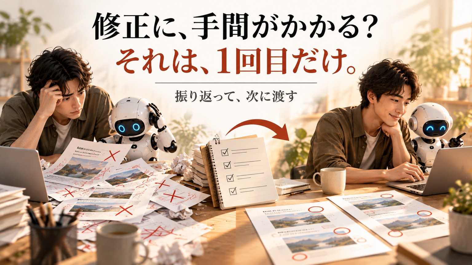 「修正に、手間がかかる？ それは、1回目だけ。 振り返って、次に渡す」というコピーと、直しの×だらけの机から、真ん中のチェックリストのノートを通って、○がそろった机へ移る様子を描いた、今回の記事のサムネイル